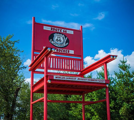The world's largest rocking chair at the now closed Fanning 66 Outpost on Route 66 in Fanning Missouri.  The giant chair was built by Danny Sanazaro in 2008 and is 42 feet tall weighing in at 27,00 pounds.
